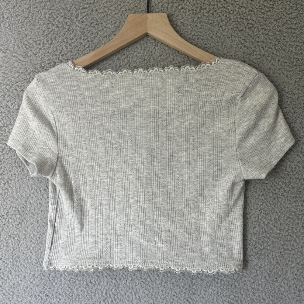 AEROPOSTALE Crop Baby Tee Medium Gray Ruffle Lace Button Up Kidcore Country Top - Picture 7 of 11